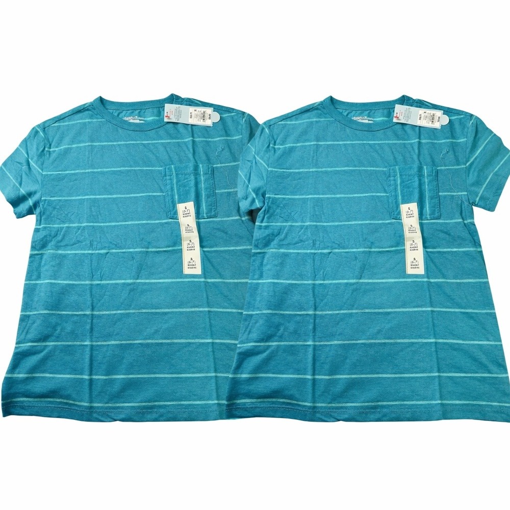 2 Cat and Jack Boys Striped Pocket T Shirt Teal Blue SZ S‎ 6-7 Short Sleeve New